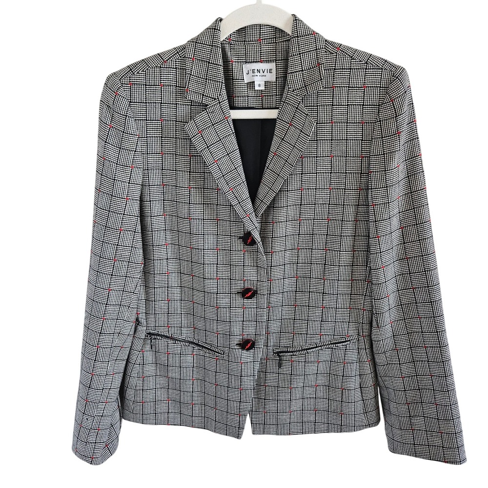 J'Envie New York Blazer Jacket Black White Basketweave Red Dot Zip Pocket Size 8